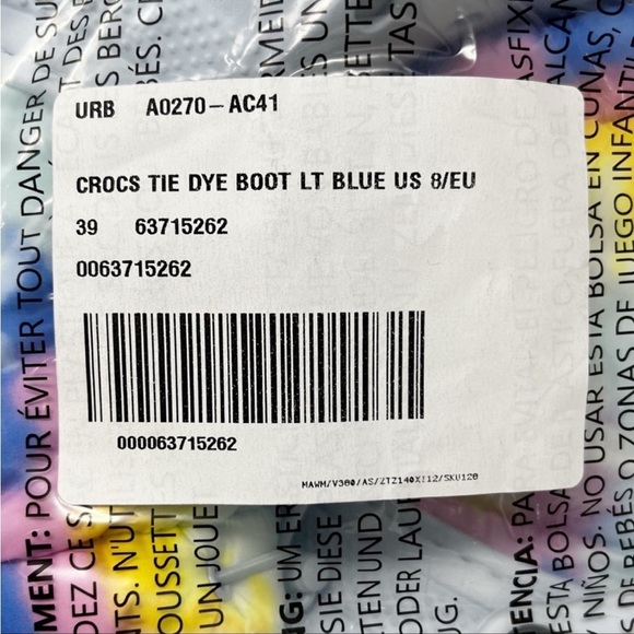 NWT Crocs Classic Lined Neo Puff Tie-Dye Boot Light Blue Women's Size 8 Unisex - Picture 10 of 11